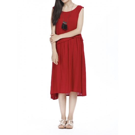Casual Women Pure Color Pleated Patchwork A-line Dress