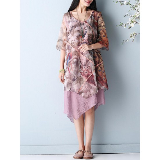 Chinese Style Printed Double Layers Women Dress