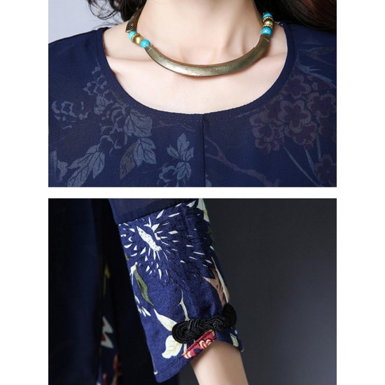 Elegant Women Chiffon Dress Flower Printed Patchwork 3/4 Sleeves Dresses