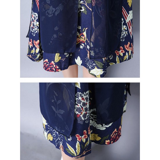 Elegant Women Chiffon Dress Flower Printed Patchwork 3/4 Sleeves Dresses
