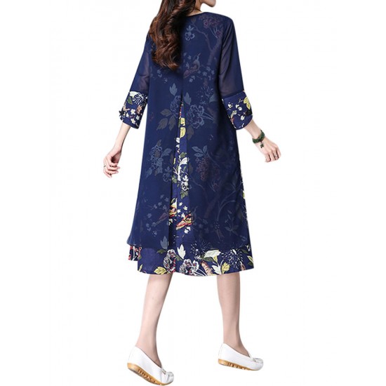 Elegant Women Chiffon Dress Flower Printed Patchwork 3/4 Sleeves Dresses