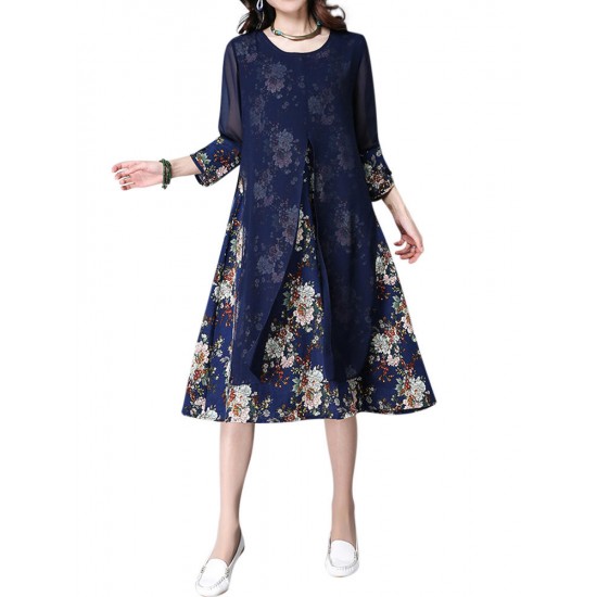 Elegant Women Chiffon Dress Flower Printed Patchwork 3/4 Sleeves Dresses