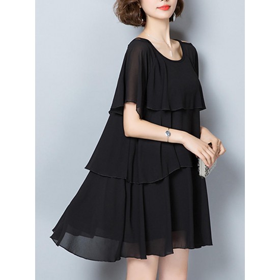 Elegant Women Chiffon Dress Loose Chiffon Tiered Black Mini Dresses