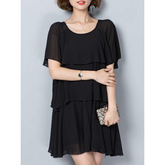 Elegant Women Chiffon Dress Loose Chiffon Tiered Black Mini Dresses