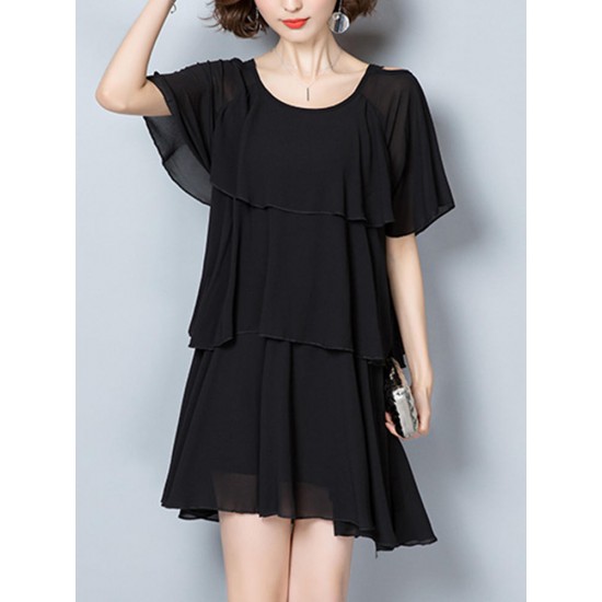 Elegant Women Chiffon Dress Loose Chiffon Tiered Black Mini Dresses