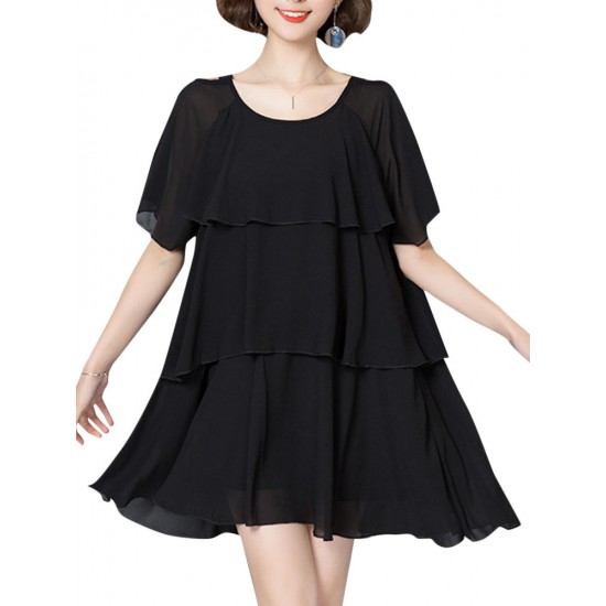 Elegant Women Chiffon Dress Loose Chiffon Tiered Black Mini Dresses