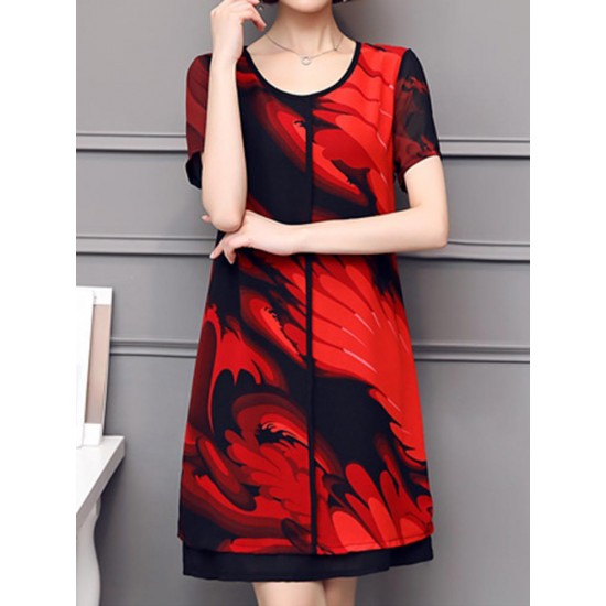 Elegant Women Chiffon Dress Patchwork Flowers Printing Two Layers Dresses