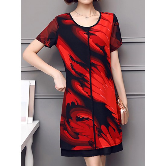 Elegant Women Chiffon Dress Patchwork Flowers Printing Two Layers Dresses