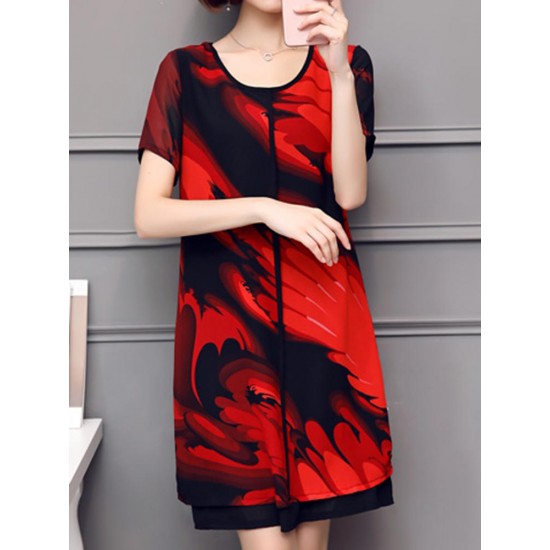 Elegant Women Chiffon Dress Patchwork Flowers Printing Two Layers Dresses