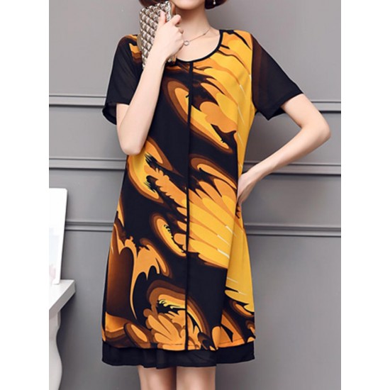 Elegant Women Chiffon Dress Patchwork Flowers Printing Two Layers Dresses