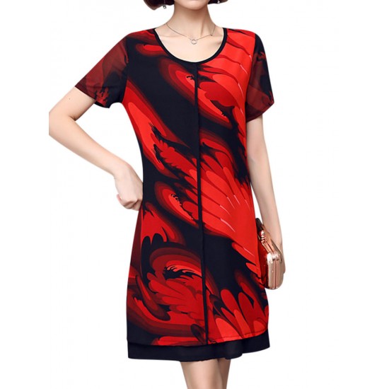 Elegant Women Chiffon Dress Patchwork Flowers Printing Two Layers Dresses