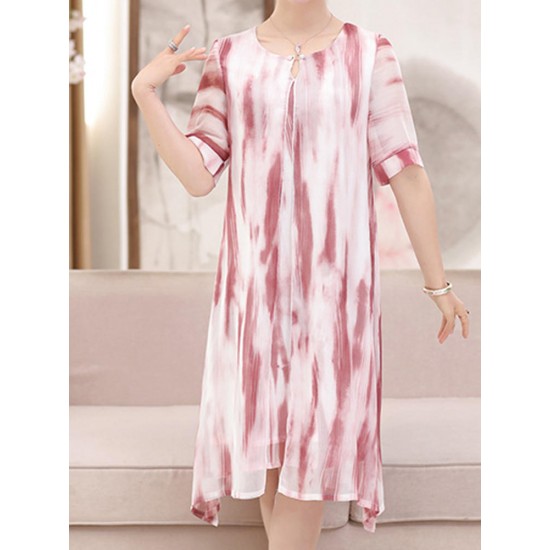 Elegant Women Fake Two Pieces Painted Chiffon Dress