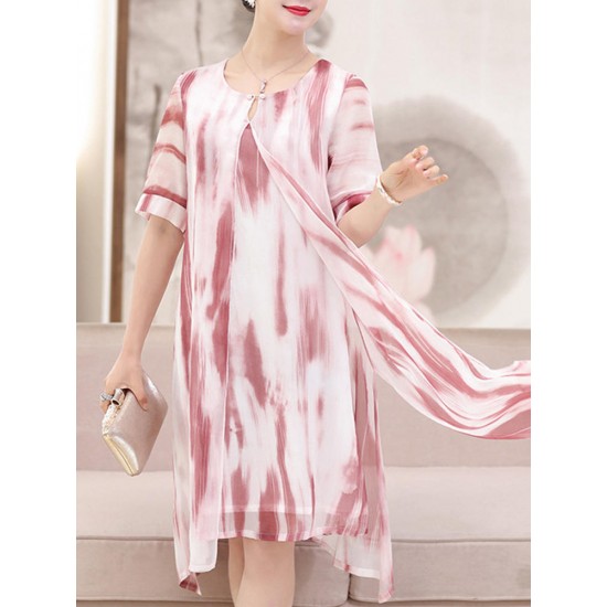 Elegant Women Fake Two Pieces Painted Chiffon Dress