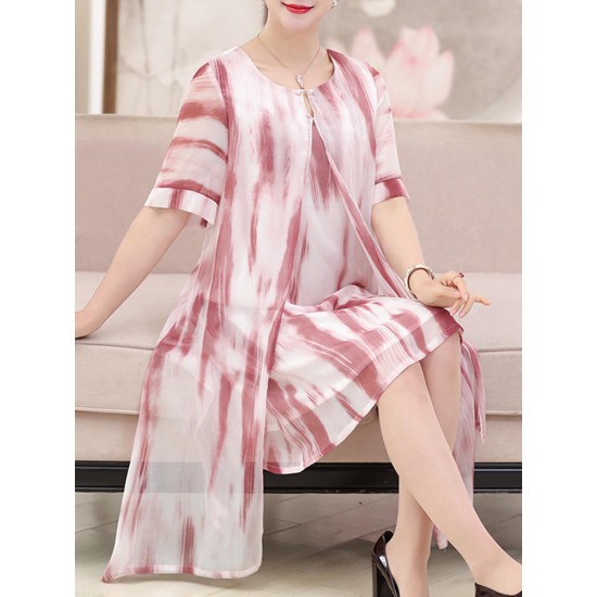 Elegant Women Fake Two Pieces Painted Chiffon Dress