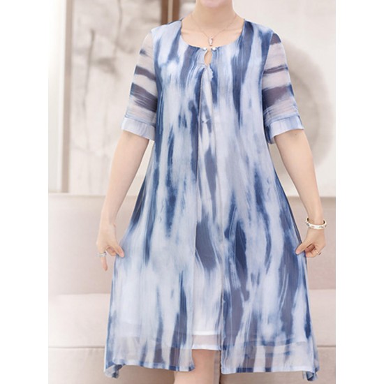 Elegant Women Fake Two Pieces Painted Chiffon Dress