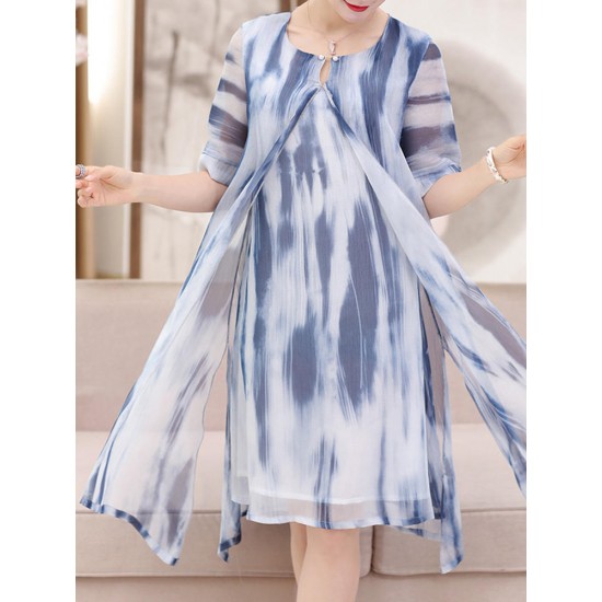 Elegant Women Fake Two Pieces Painted Chiffon Dress