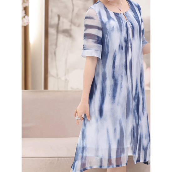 Elegant Women Fake Two Pieces Painted Chiffon Dress