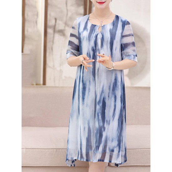 Elegant Women Fake Two Pieces Painted Chiffon Dress