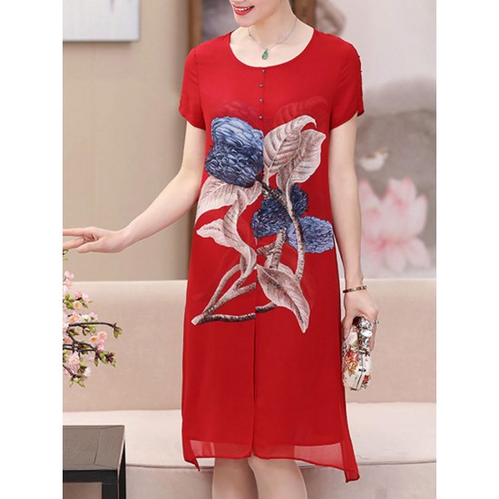 Elegant Women Floral Print O-neck Chiffon Dress