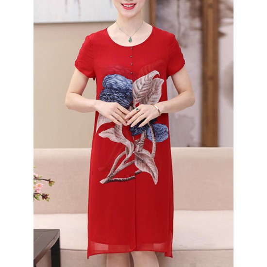 Elegant Women Floral Print O-neck Chiffon Dress