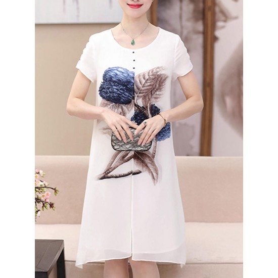 Elegant Women Floral Print O-neck Chiffon Dress