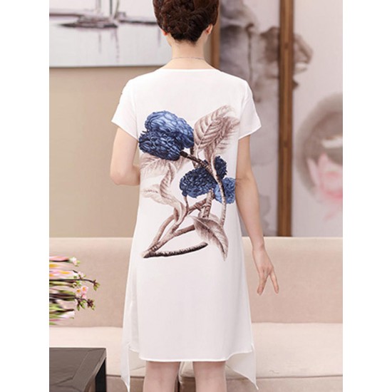 Elegant Women Floral Print O-neck Chiffon Dress