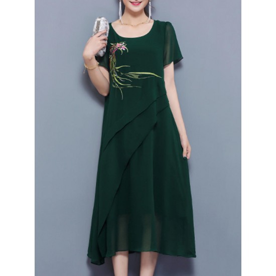 Elegant Women Printed Chiffon Pleated Short Sleeve Midi Dress