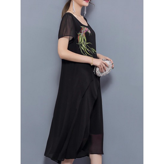 Elegant Women Printed Chiffon Pleated Short Sleeve Midi Dress