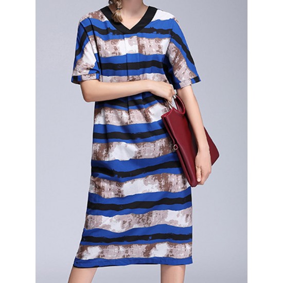 Loose Women Dress Short Sleeve V-Neck  Striped Chiffon Dresses