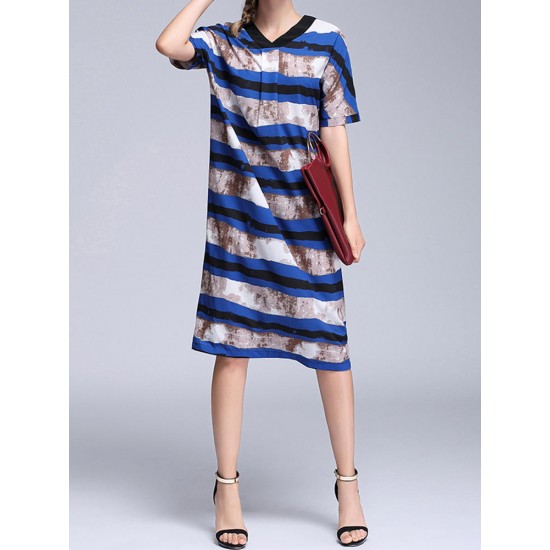 Loose Women Dress Short Sleeve V-Neck  Striped Chiffon Dresses