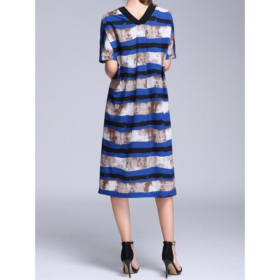 Loose Women Dress Short Sleeve V-Neck  Striped Chiffon Dresses