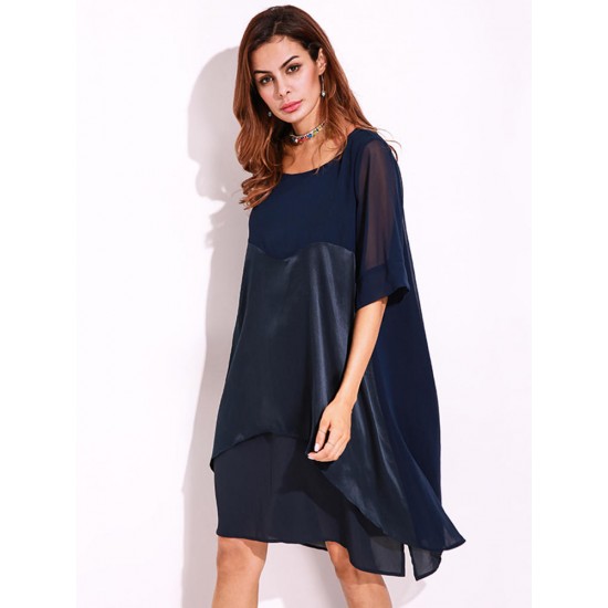 Plus Size Casual Women O-Neck Half Sleeve Chiiffon Splicing Dresses