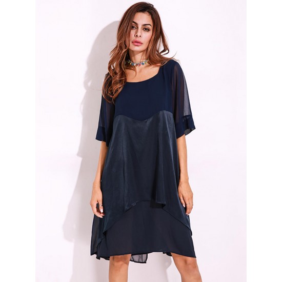 Plus Size Casual Women O-Neck Half Sleeve Chiiffon Splicing Dresses