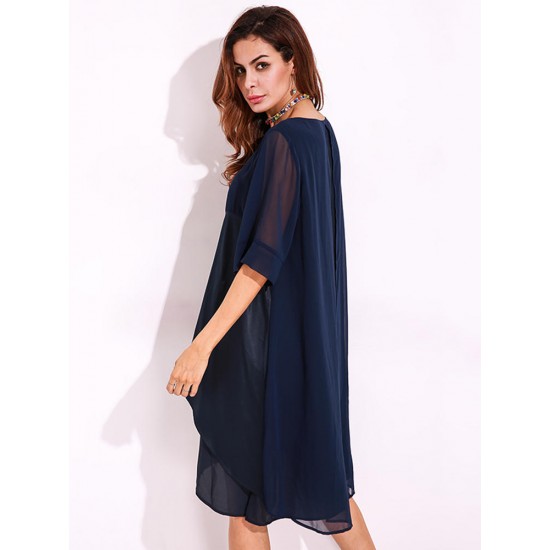 Plus Size Casual Women O-Neck Half Sleeve Chiiffon Splicing Dresses