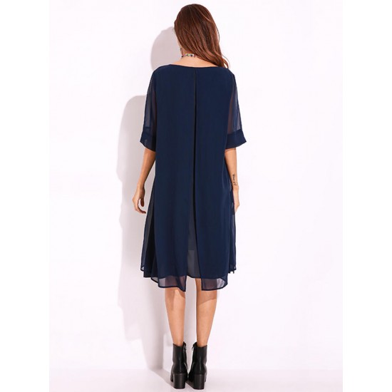 Plus Size Casual Women O-Neck Half Sleeve Chiiffon Splicing Dresses