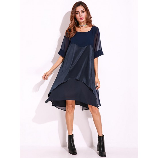 Plus Size Casual Women O-Neck Half Sleeve Chiiffon Splicing Dresses