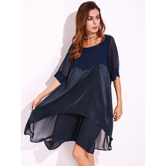 Plus Size Casual Women O-Neck Half Sleeve Chiiffon Splicing Dresses