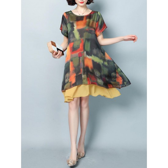 Plus Size Women Print Floral Contrast Chiffon Short Sleeve Dress