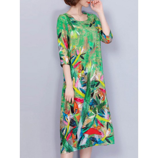 Women Elegant Art Print 3/4 Sleeve Loose Dress