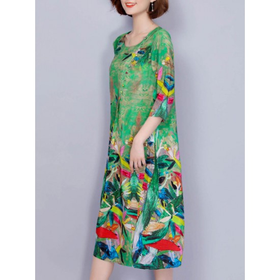 Women Elegant Art Print 3/4 Sleeve Loose Dress