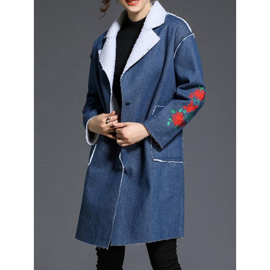 Casual Women Embroidery Denim Fleece Thick Coats