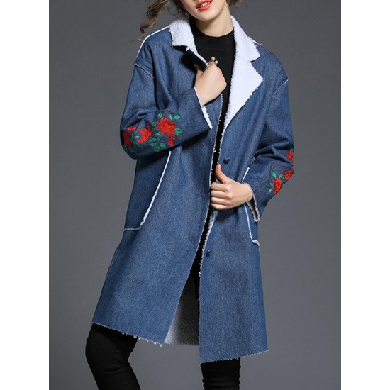 Casual Women Embroidery Denim Fleece Thick Coats