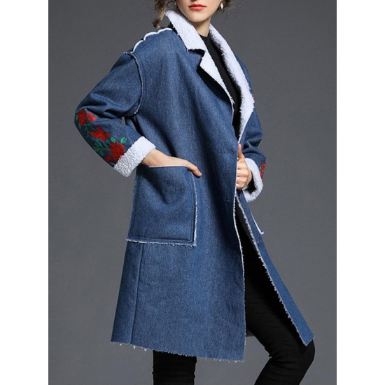 Casual Women Embroidery Denim Fleece Thick Coats