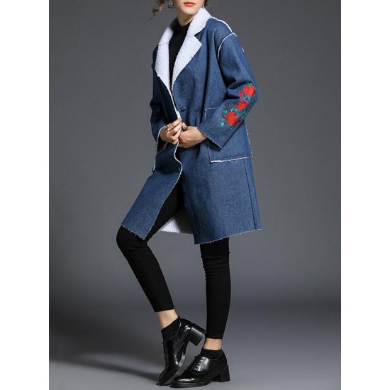 Casual Women Embroidery Denim Fleece Thick Coats