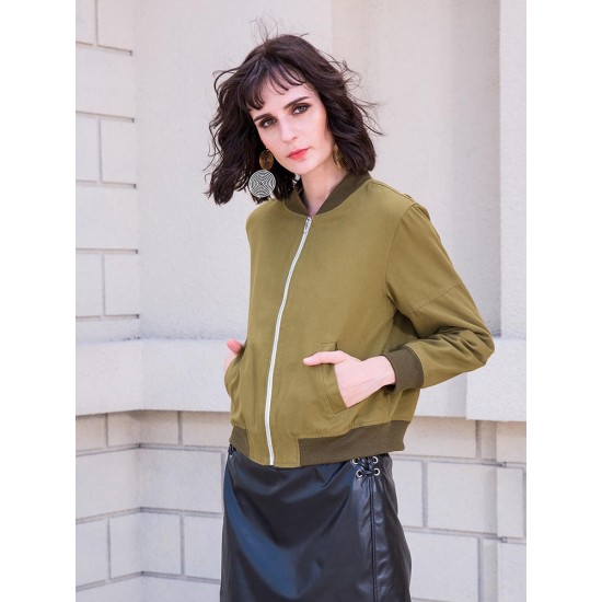 Casual Women Green Pockets Baseball Jackets