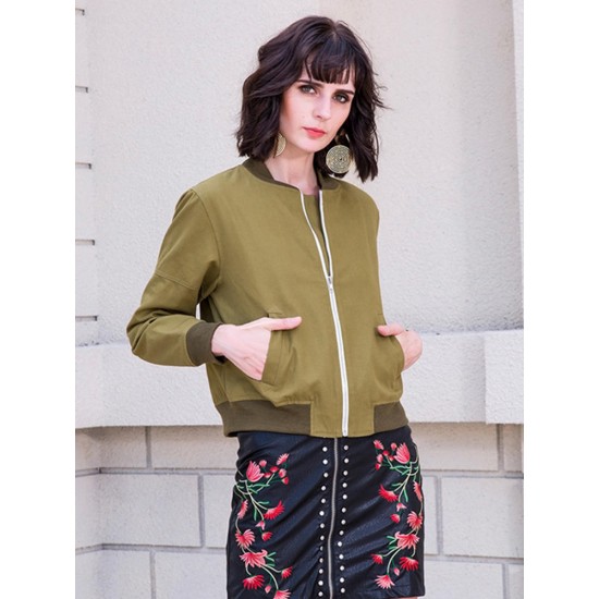 Casual Women Green Pockets Baseball Jackets