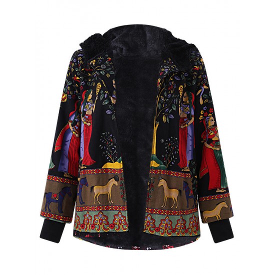 Casual Women Printing Hooded Thick Black Coats