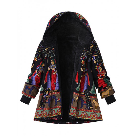 Casual Women Printing Hooded Thick Black Coats