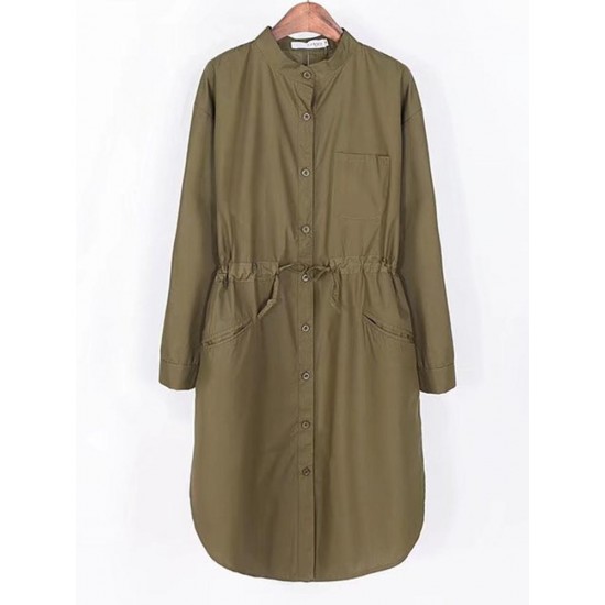 Casual Women Pure Color Drawstring Trench Coat