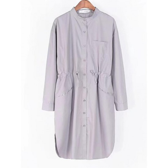 Casual Women Pure Color Drawstring Trench Coat